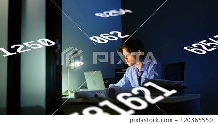 Image of data processing over caucasian businessman using laptop in office 120365550