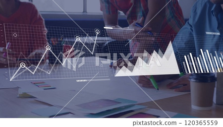 Image of financial data processing over diverse business people in office Image of financial data processing over diverse business people in office 120365559