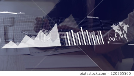 Image of financial data processing over diverse business people in office Image of financial data processing over diverse business people in office 120365560