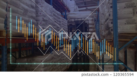 Image of financial data processing over worker using lift truck in warehouse Image of financial data processing over worker using lift truck in warehouse 120365594