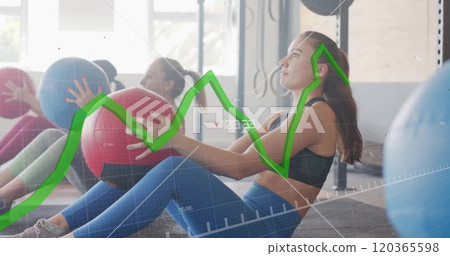 Fitness data graph image over women exercising with medicine balls in gym Fitness data graph image over women exercising with medicine balls in gym 120365598