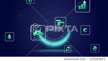 Sustainability icons and progress bar image over dark blue background 120365621