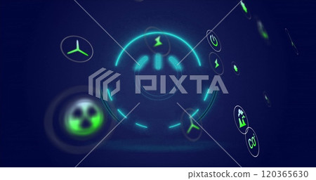 Power button and energy icons image over dark blue background 120365630