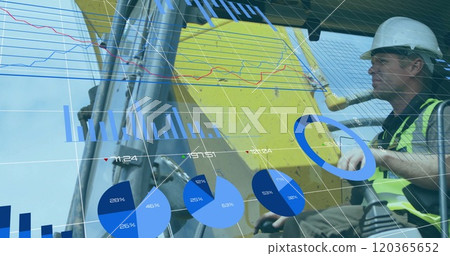 Financial data charts and graphs image over construction worker operating machinery Financial data charts and graphs image over construction worker operating machinery 120365652