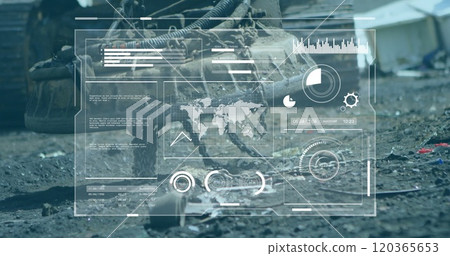 Data analysis and statistics image over industrial machinery in scrapyard Data analysis and statistics image over industrial machinery in scrapyard 120365653