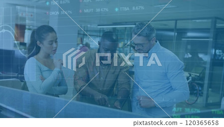 Image of financial data processing over diverse colleagues discussing work in office 120365658