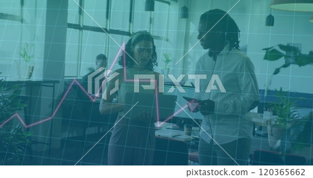 Image of financial data processing over diverse colleagues discussing work in office 120365662