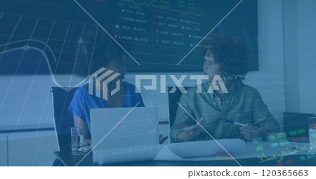 Image of financial data processing over diverse colleagues discussing work in office 120365663