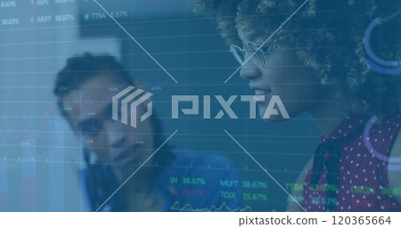 Image of financial data processing over diverse colleagues discussing work in office 120365664