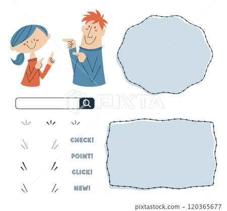 Set of young men and women with pointing poses and frames, letters and decorative materials 120365677
