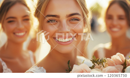 A close-up shot of a joyful bride smiling with her bridesmaids in the background, holding a bouquet. 120365730