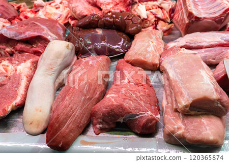 Fresh Cuts of Pork and Beef on Display Fresh Cuts of Pork and Beef on Display 120365874