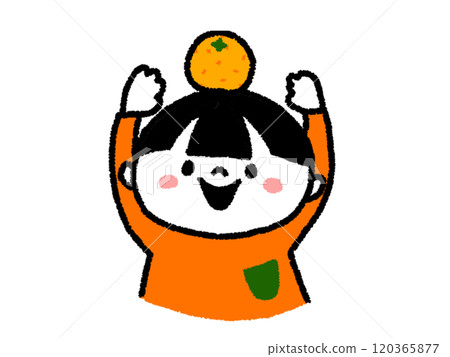 Boy putting mandarin oranges on his head 120365877