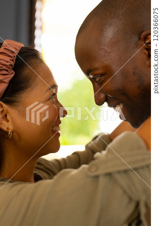 Smiling multiracial couple embracing each other, sharing tender moment at home 120366075