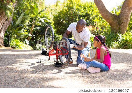 Fixing bicycle, father and daughter bonding outdoors in sunny park 120366097