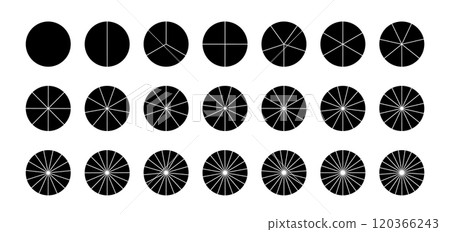 Circular chart with 21 sectors, pie or pizza slice icon. Wheel division into fractions. Vector black illustrations Circular chart with 21 sectors, pie or pizza slice icon. Wheel division into fractions. Vector black illustrations 120366243