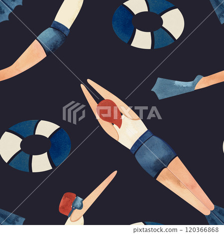Seamless pattern with floating men in vintage style. Swimming. Watercolor illustration on black background Seamless pattern with floating men in vintage style. Swimming. Watercolor illustration on black background 120366868