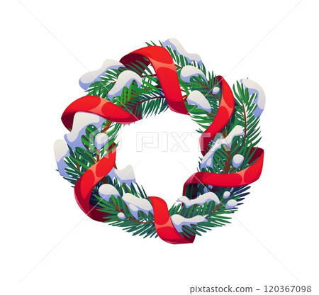 Cartoon Christmas holiday wreath with green pine tree branches and red ribbon ornaments. Vector festive traditional xmas wreath, seasonal decoration for greeting cards, celebrations and door decor Cartoon Christmas holiday wreath with green pine tree branches and red ribbon ornaments. Vector festive traditional xmas wreath, seasonal decoration for greeting cards, celebrations and door decor 120367098