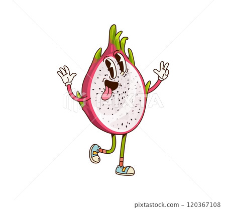 Groovy tropical dragon fruit half character in a playful pose. Cartoon vector fun and smiling pitahaya dragonfruit personage with seeds shows quirky and funky facial expression with sticking tongue Groovy tropical dragon fruit half character in a playful pose. Cartoon vector fun and smiling pitahaya dragonfruit personage with seeds shows quirky and funky facial expression with sticking tongue 120367108
