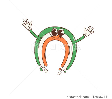 Cartoon retro groovy Irish rainbow character for Saint Patrick Day holiday, vector emoji. Happy funny groovy rainbow character with face and Ireland flag colors for St Patrick Day in 70s hippie art 120367110