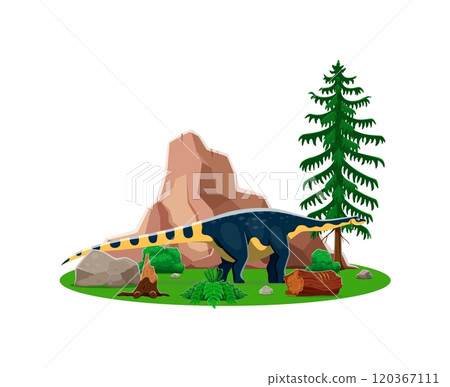 Cartoon dinosaur or prehistoric lizard Magyarosaurus in Jurassic era forest, vector character. Prehistoric dinosaur Magyarosaurus species or funny dino in jungle park for kids Jurassic collection 120367111