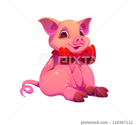 Cartoon cute Christmas pig animal character with a big red bowtie sits cheerfully, showcasing a playful face expression. Isolated vector pink piglet personage ready for holiday or festive celebrations 120367112