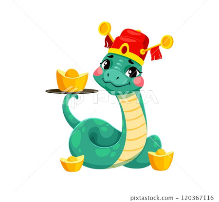 Cartoon snake in a traditional Chinese hat, balances a gold ingot on its tail. Isolated vector green reptile zodiac animal symbol symbolizes prosperity, wealth and good fortune for the 2025 lunar year Cartoon snake in a traditional Chinese hat, balances a gold ingot on its tail. Isolated vector green reptile zodiac animal symbol symbolizes prosperity, wealth and good fortune for the 2025 lunar year 120367116