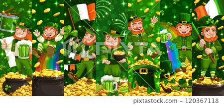 Irish Saint Patrick day leprechaun characters collage for Ireland holiday, vector background. Cartoon funny leprechaun characters with Ireland flag, shamrock clovers and gold coin pots with fireworks 120367118