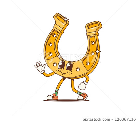 Cartoon retro golden horseshoe groovy character for Saint Patrick Day holiday, vector personage. Funny funky horseshoe groovy character in 70s hippie art for Irish St Patrick Day holiday 120367130