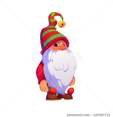 Cartoon Christmas dwarf character in festive red and green attire, with fluffy beard and striped pointy hat, spreading holiday joy and helps Santa Claus with Christmas preparations during magic season Cartoon Christmas dwarf character in festive red and green attire, with fluffy beard and striped pointy hat, spreading holiday joy and helps Santa Claus with Christmas preparations during magic season 120367132