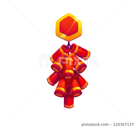 Red Chinese firecrackers, symbolizing celebration, prosperity and tradition in lunar new year holiday. Cartoon vector pyrotechnics with a golden trim and a hexagonal top, Cny festive event or festival 120367137