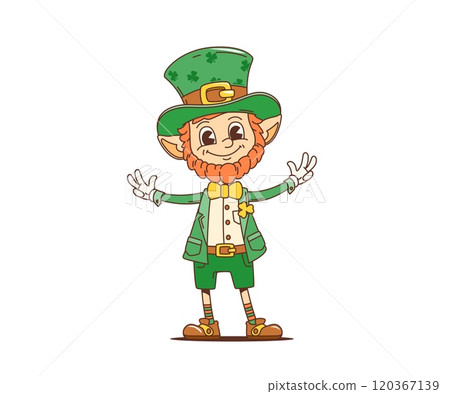 Cartoon retro funny leprechaun groovy character for Saint Patrick Day holiday, vector personage. Leprechaun groovy character with shamrock clovers on hat for Irish St Patrick Day holiday greeting 120367139