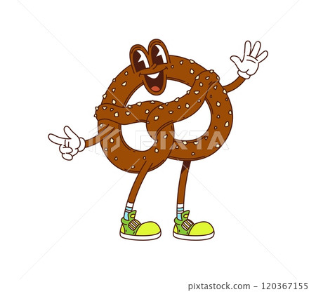 Cartoon groovy pretzel, bakery and pastry character with a playful expression, wearing retro sneakers and exudes fun and whimsical vibe. Isolated vector fresh snack personage with wide cheerful smile 120367155