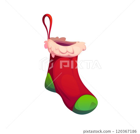 Cartoon festive Christmas holiday stocking decorated in red and green with fluffy white trim and hanging loop, symbolizing tradition of filling socks with small gifts and treats for Xmas celebration Cartoon festive Christmas holiday stocking decorated in red and green with fluffy white trim and hanging loop, symbolizing tradition of filling socks with small gifts and treats for Xmas celebration 120367186
