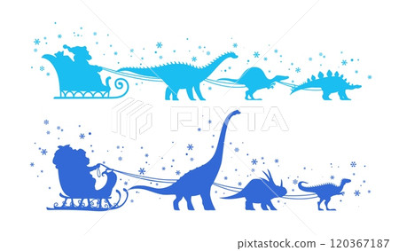 Santa sleigh silhouette with dinosaurs and falling snowflakes. Blue vector shadows of saint Nicholas riding in his sled pulled by prehistoric dino animals, playful traditional winter Christmas scene Santa sleigh silhouette with dinosaurs and falling snowflakes. Blue vector shadows of saint Nicholas riding in his sled pulled by prehistoric dino animals, playful traditional winter Christmas scene 120367187