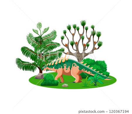 Cartoon dinosaur and prehistoric lizard character in forest, vector Polacanthus dino animal. Jurassic park or Cretaceous era and prehistoric period Polacanthus dinosaur with spikes on back in park Cartoon dinosaur and prehistoric lizard character in forest, vector Polacanthus dino animal. Jurassic park or Cretaceous era and prehistoric period Polacanthus dinosaur with spikes on back in park 120367194