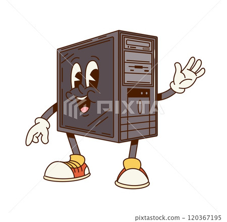 Groovy computer system unit character or retro cartoon PC with funny face, vector comic. Groovy funky old desktop PC computer with happy smile waving Hi Hello for digital hardware cartoon character Groovy computer system unit character or retro cartoon PC with funny face, vector comic. Groovy funky old desktop PC computer with happy smile waving Hi Hello for digital hardware cartoon character 120367195