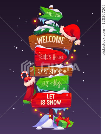 Christmas sign board or holiday signage for winter greetings, vector cartoon banner. Wooden signboard or signpost with Santa house direction, gifts sock with candy cane, sign board in Christmas lights Christmas sign board or holiday signage for winter greetings, vector cartoon banner. Wooden signboard or signpost with Santa house direction, gifts sock with candy cane, sign board in Christmas lights 120367205