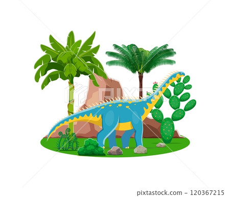Barapasaurus prehistoric dinosaur character. Cartoon vector colorful dino standing at lush scenic landscape with rugged rock, ferns, and vibrant palm trees. Peaceful scene of ancient history time Barapasaurus prehistoric dinosaur character. Cartoon vector colorful dino standing at lush scenic landscape with rugged rock, ferns, and vibrant palm trees. Peaceful scene of ancient history time 120367215