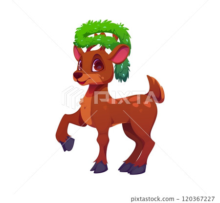 Cartoon Christmas reindeer animal character with pine tree wreath on its antlers. Isolated vector cute playful deer personage spreading joy with its heartwarming smile, ready for festive adventure 120367227