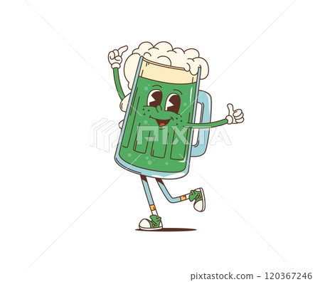Cartoon retro groovy green beer character for Saint Patrick Day holiday, vector personage. Funny groovy Irish green ale mug with happy face and thumb up in 70s hippie art for St Patrick Day holiday Cartoon retro groovy green beer character for Saint Patrick Day holiday, vector personage. Funny groovy Irish green ale mug with happy face and thumb up in 70s hippie art for St Patrick Day holiday 120367246