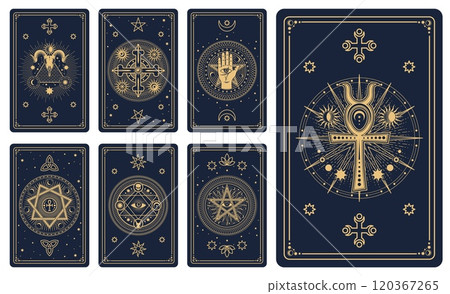 Tarot cards with esoteric magic and mystic moon, sun and star, vector backgrounds. Tarot cards esoteric patterns and frames of astrology and spiritual occult symbols in golden line for Tarot card deck 120367265
