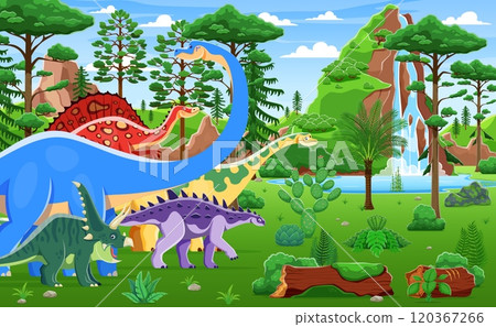 Prehistoric dinosaurs and reptiles at Jurassic amusement park landscape, vector background. Cartoon funny dinosaurs, prehistoric lizards and reptiles in jungle forest for kids dino amusement park 120367266