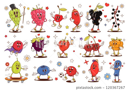 Retro cartoon groovy berry fruit characters, vector food. Funny raspberry, strawberry and cherry, psychedelic hippy blueberry, cranberry, blackberry and gooseberry fruit personages, groovy berry food Retro cartoon groovy berry fruit characters, vector food. Funny raspberry, strawberry and cherry, psychedelic hippy blueberry, cranberry, blackberry and gooseberry fruit personages, groovy berry food 120367267