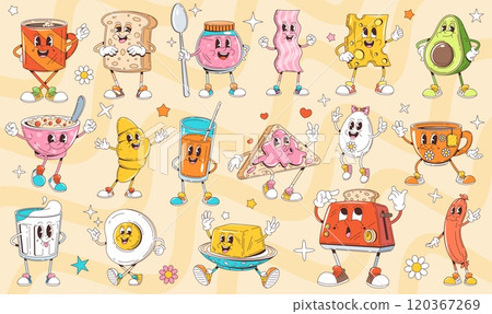 Cartoon retro groovy breakfast characters of drinks and food with funny smile faces. Vintage cute coffee cup, toast, croissant and sandwich vector personages. Funky tea mug, eggs, bacon and sausage 120367269