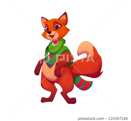 Cartoon fox animal character exudes charm and festive cheer, wrapped snugly in a colorful Christmas scarf. Isolated vector personage with playful eyes and fluffy tail capture magic of holiday season Cartoon fox animal character exudes charm and festive cheer, wrapped snugly in a colorful Christmas scarf. Isolated vector personage with playful eyes and fluffy tail capture magic of holiday season 120367286