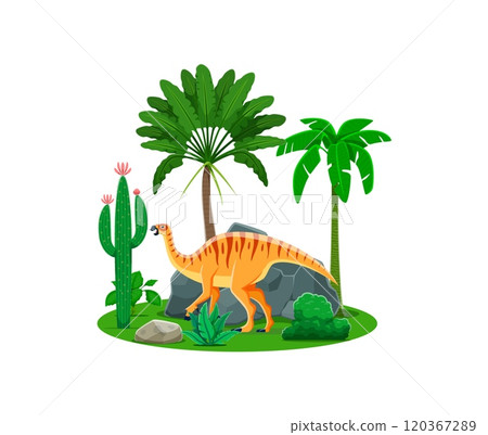 Camptosaurus prehistoric dinosaur character with palms and cactus. Cartoon jurassic dino, funny beaked lizard dinosaur animal vector personage with prehistoric jungle forest trees, plants and stone 120367289
