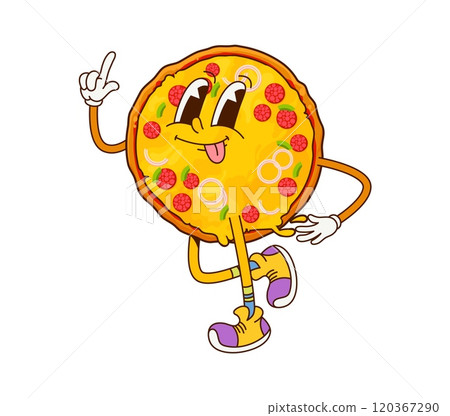 Cartoon fast food salami pizza groovy character. Junk menu snack, fast food cafe meal or street restaurant pizza cute groovy isolated vector mascot. Takeaway menu snack funny cartoon personage Cartoon fast food salami pizza groovy character. Junk menu snack, fast food cafe meal or street restaurant pizza cute groovy isolated vector mascot. Takeaway menu snack funny cartoon personage 120367290