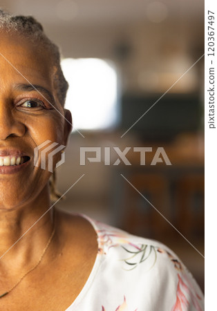Smiling senior woman with braided hair wearing floral blouse at home, copy space Smiling senior woman with braided hair wearing floral blouse at home, copy space 120367497