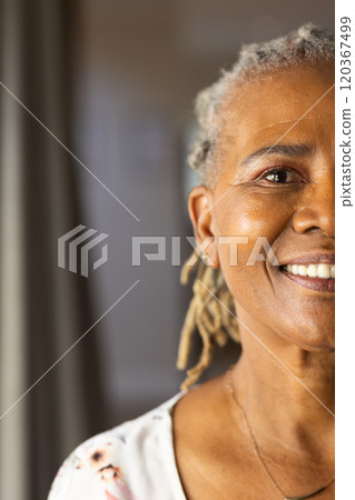 Smiling senior woman with dreadlocks wearing floral blouse, looking at camera indoors, copy space 120367499